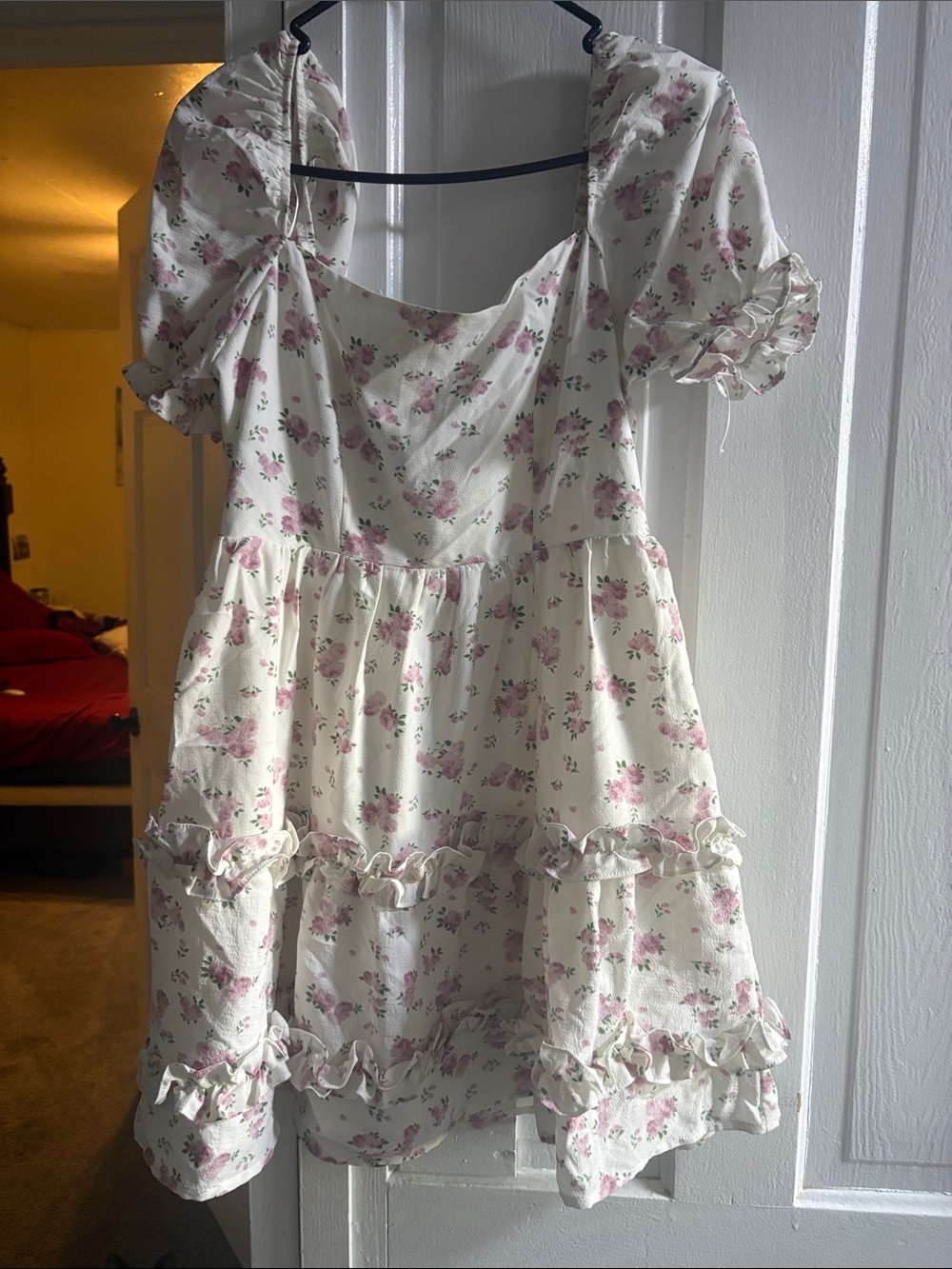 Altar'd State Cream Mini Dress with Pink Floral Ruffle Tiers